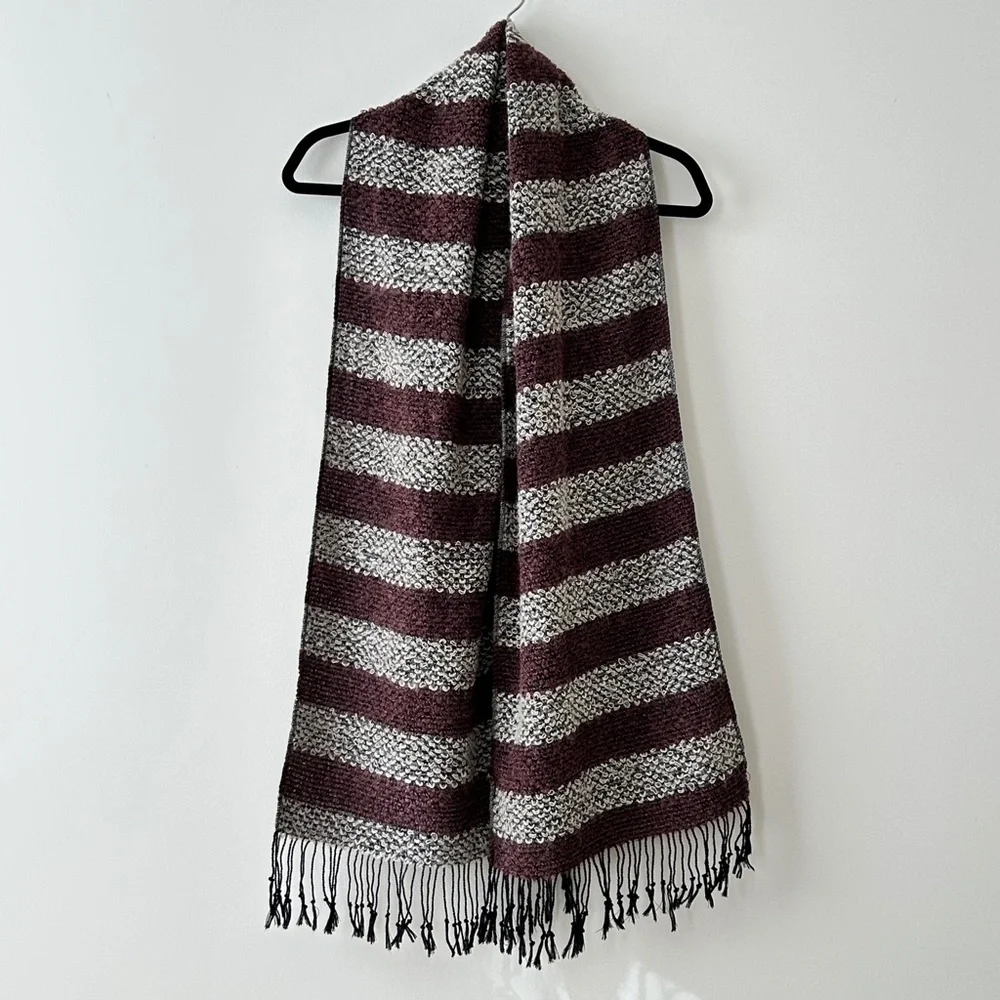 Purple Gray Fuzzy Boucle Wool Fringe Scarf